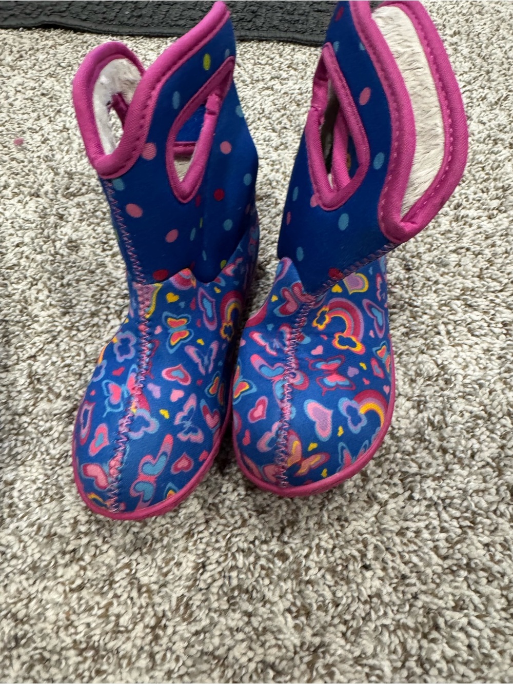 Kids Waterproof Blue Heart-Print Bogs Boots with Pink Trim